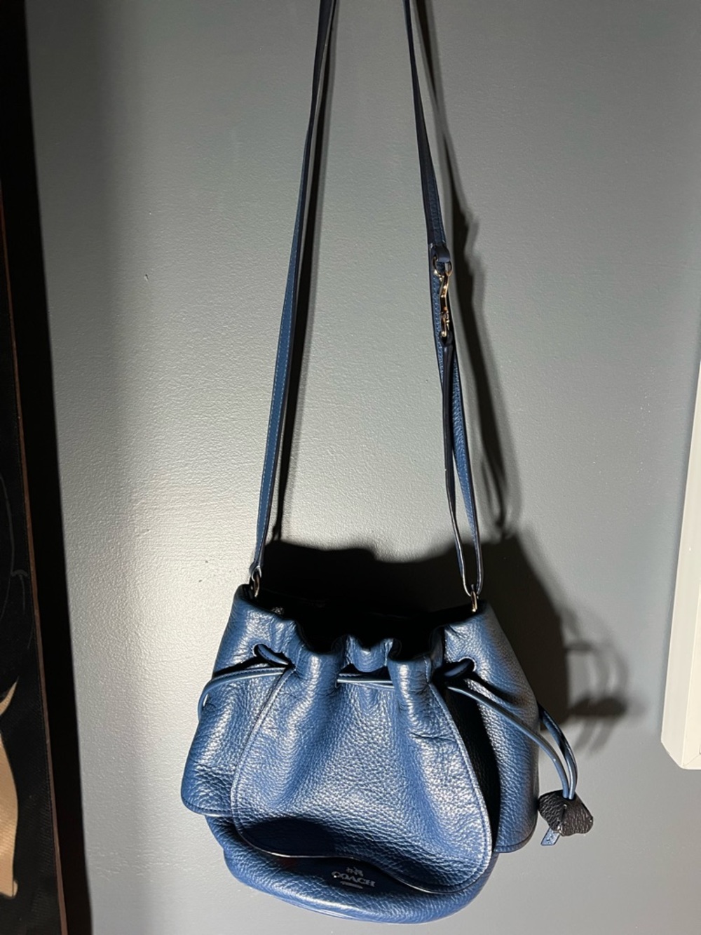 Blue Leather Drawstring Crossbody Bag